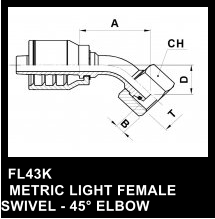 FL43K   METRIC LIGHT FEMALE SWIVEL - 45 ELBOW